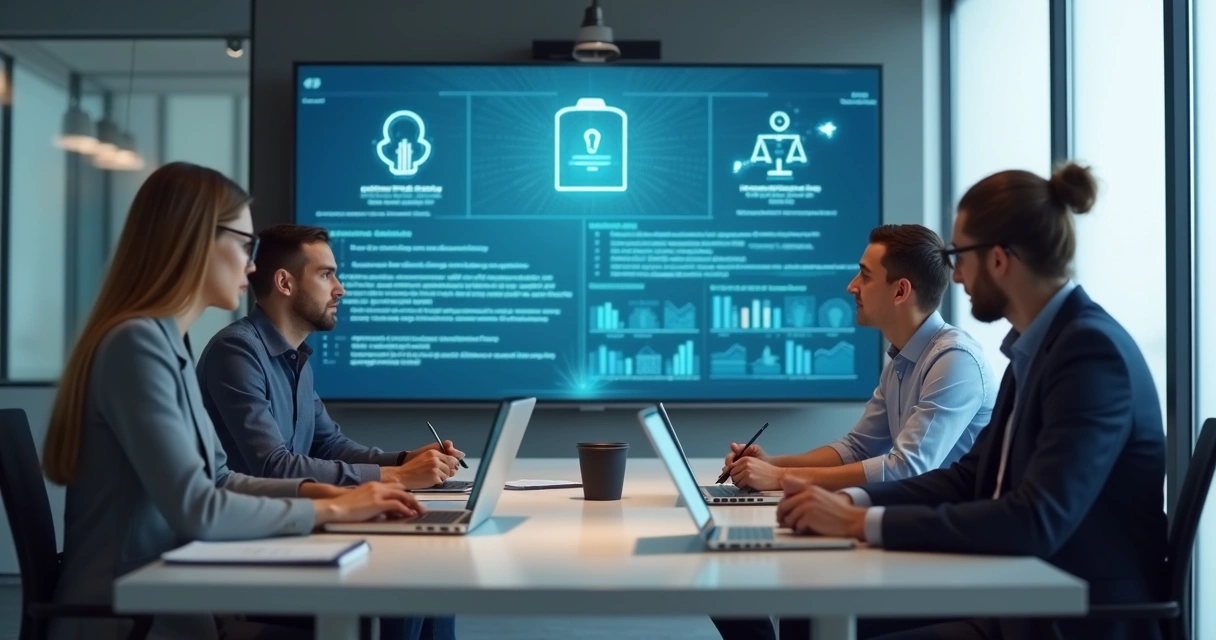 Equipo revisando datos y decisiones en una pantalla