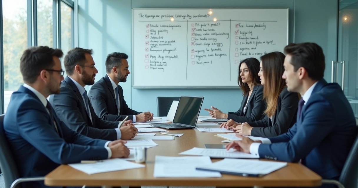 Equipo reunido revisando indicadores y notas en una sala de juntas 
