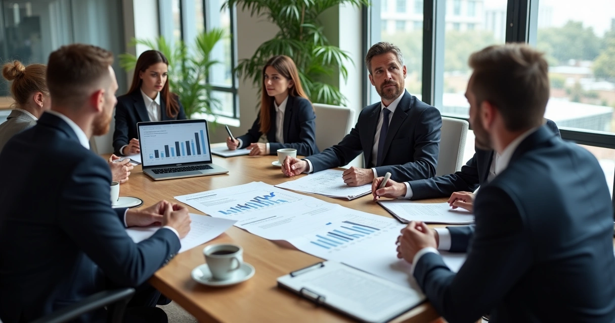 Equipo directivo revisando indicadores financieros y código ético en una reunión 
