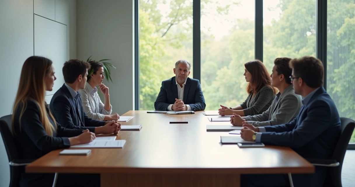 Grupo en reunión con liderazgo ético y escucha activa 
