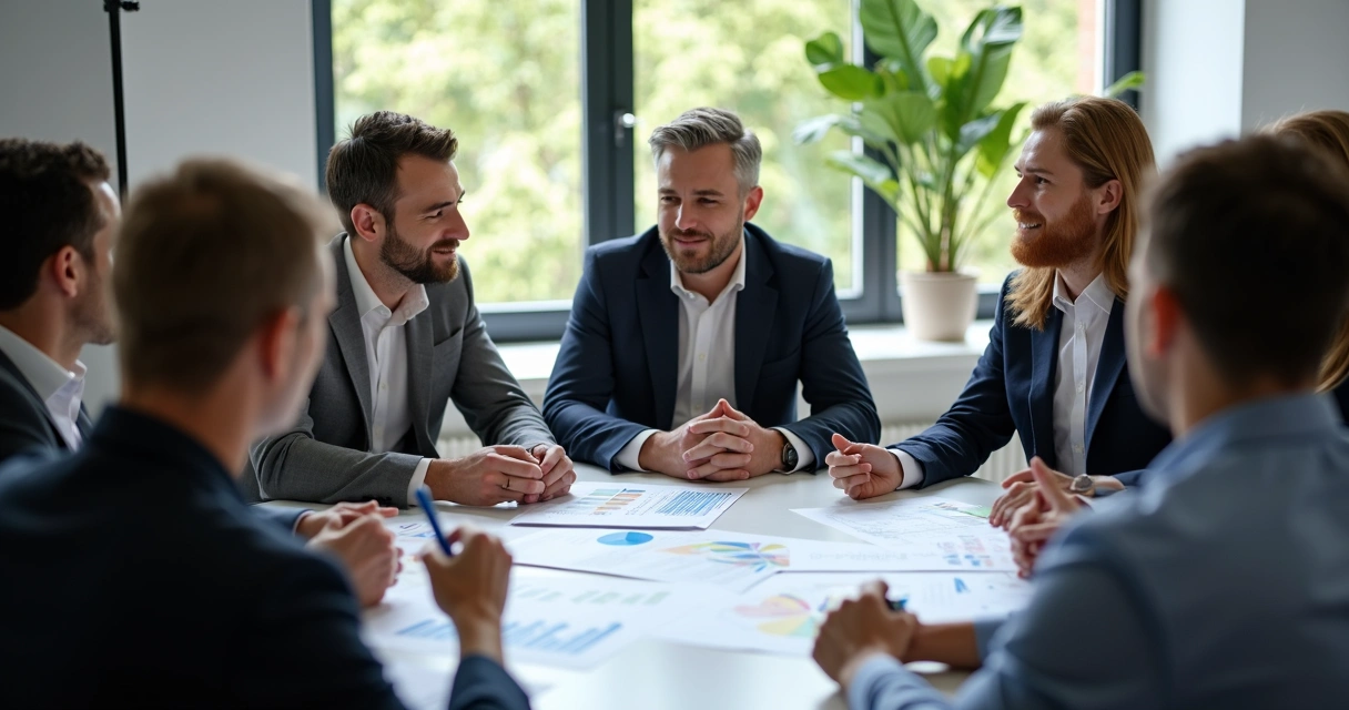 Equipo en reunión tomando decisiones en círculo, expresiones atentas y colaboración 
