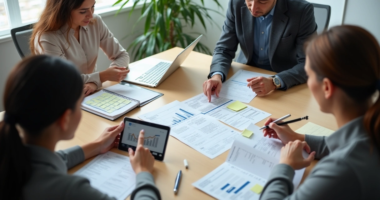 Equipo revisando perfiles y notas en una reunión