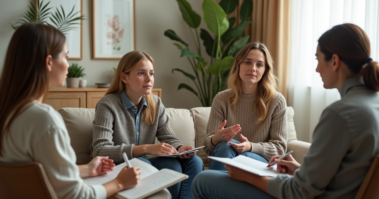 Familia conversando con apoyo profesional en un espacio tranquilo 