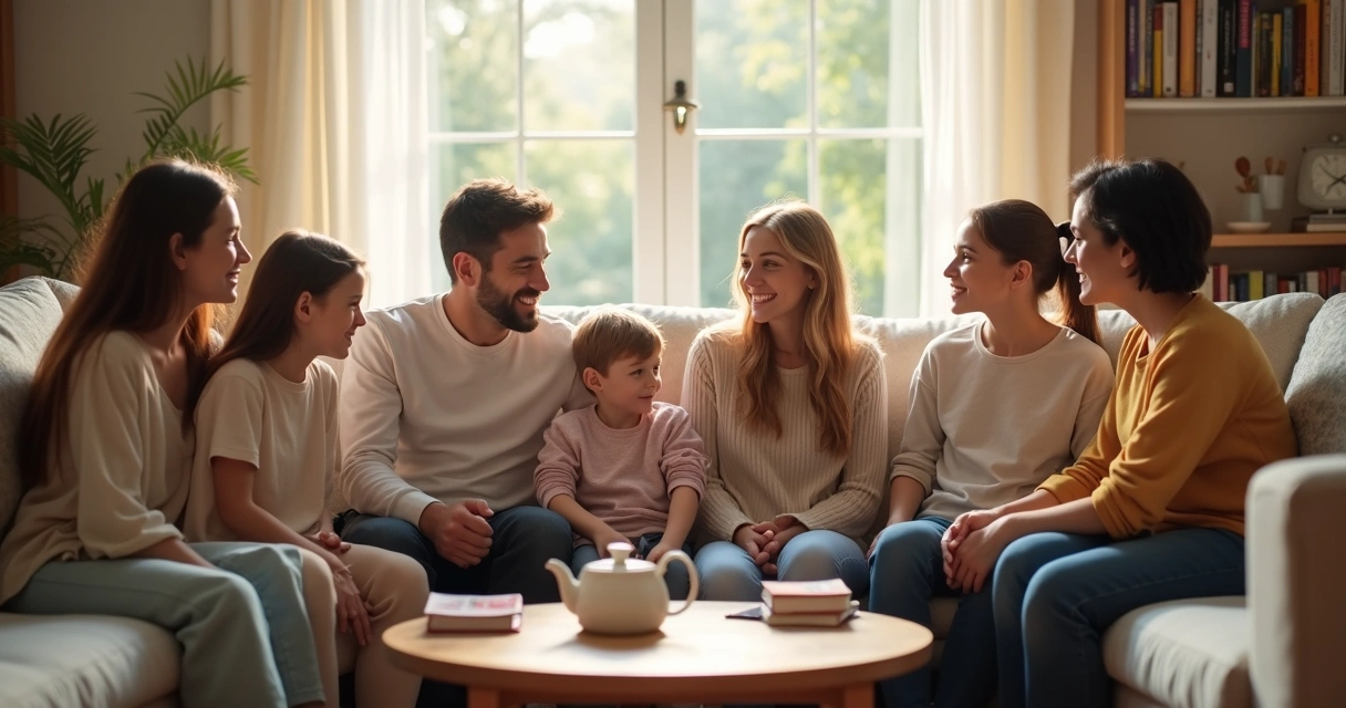 Familia conversando en una reunión hogareña haciendo contacto visual. 