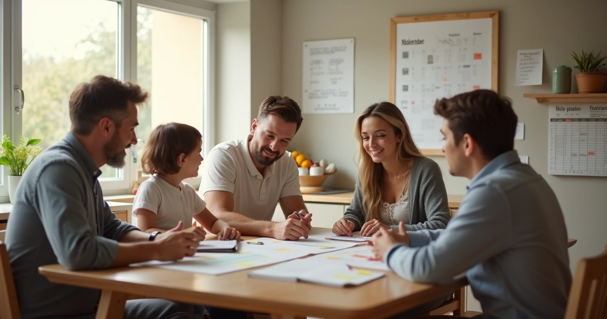 Familia conversando en la cocina con agenda y tareas 