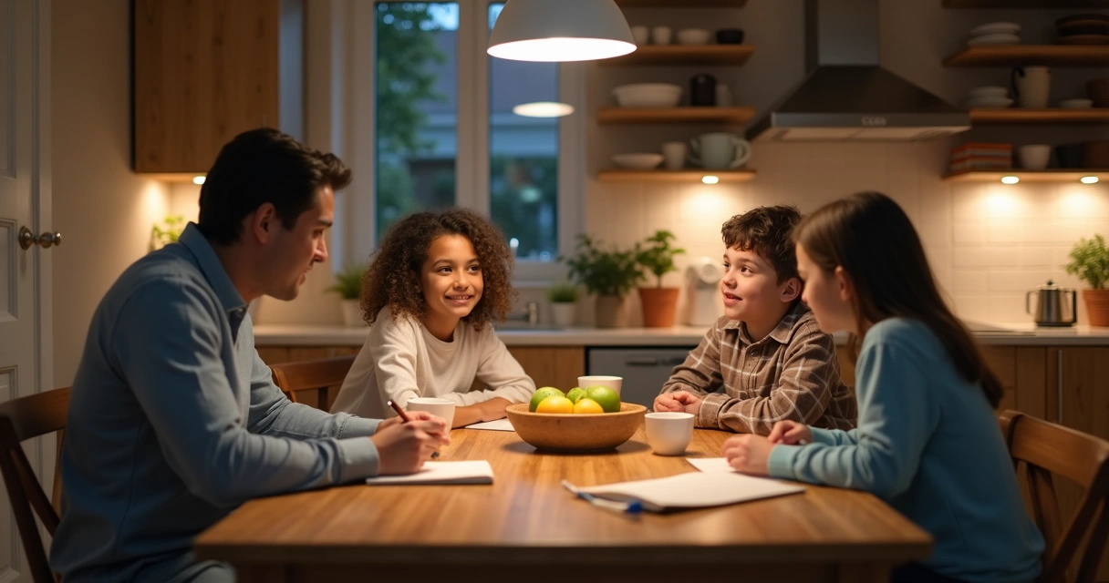 Familia conversando en una mesa de cocina con cuaderno