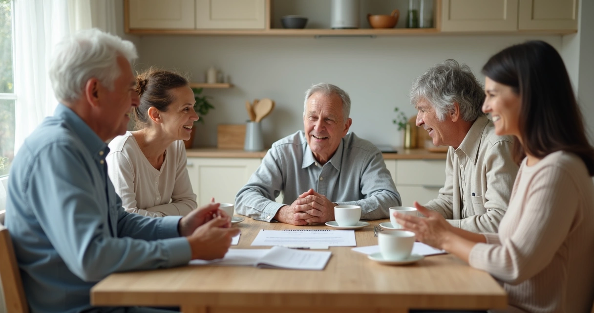 Familia conversando en la cocina con cuaderno sobre la mesa 
