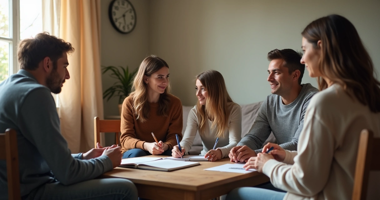 Familia reunida con cuaderno y reloj en sala 