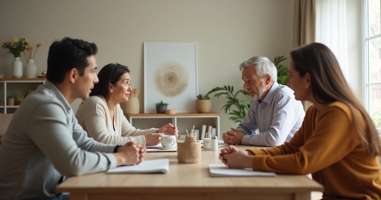 Familia conversando en la mesa del comedor