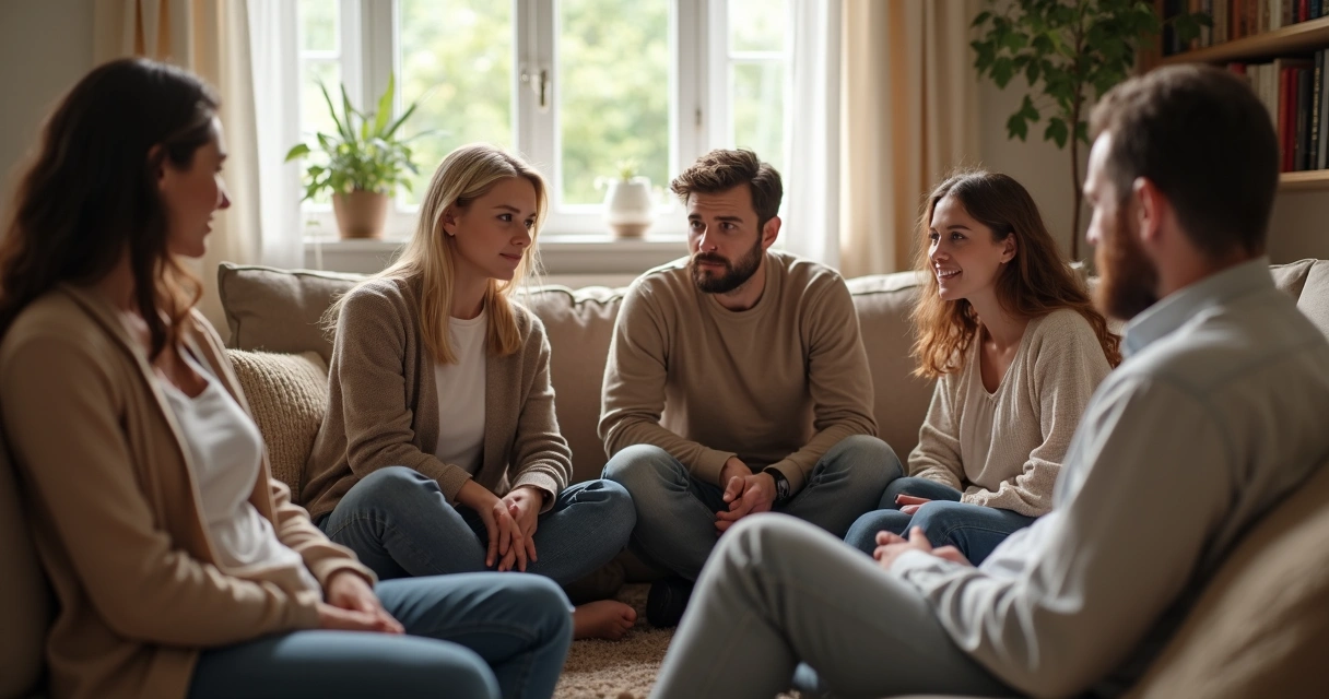 Familia sentada en círculo dialogando atenta 