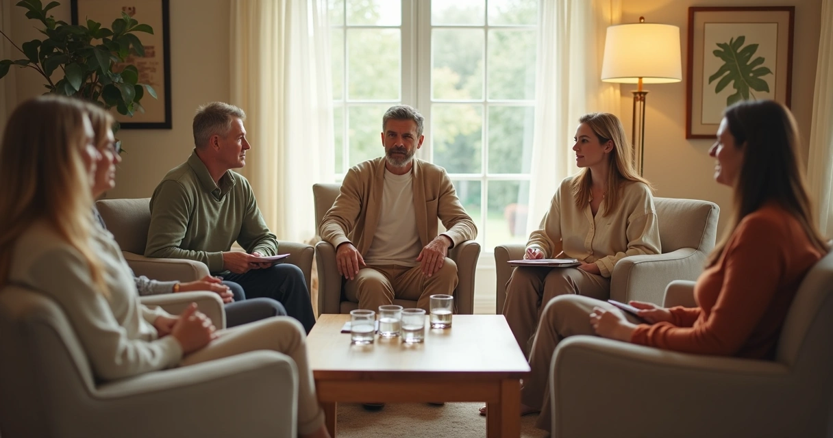 Familia sentada en círculo conversando en una sala luminosa 