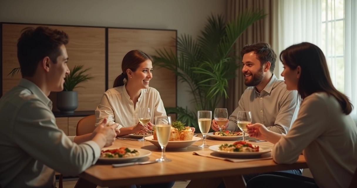 Familia conversando en la mesa del comedor con actitud de escucha