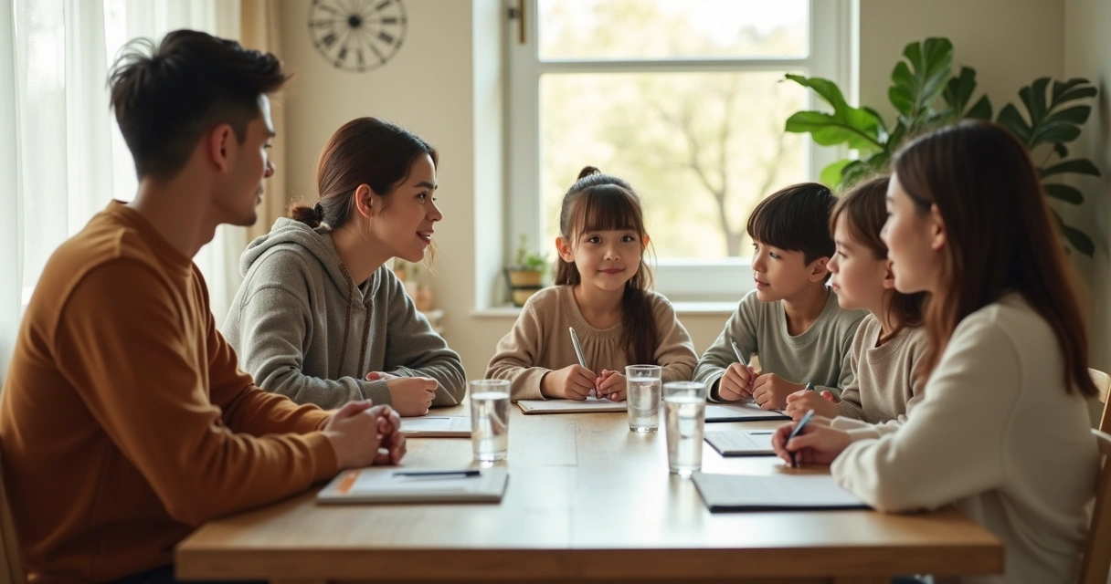 Familia reunida en una mesa hablando y tomando notas 