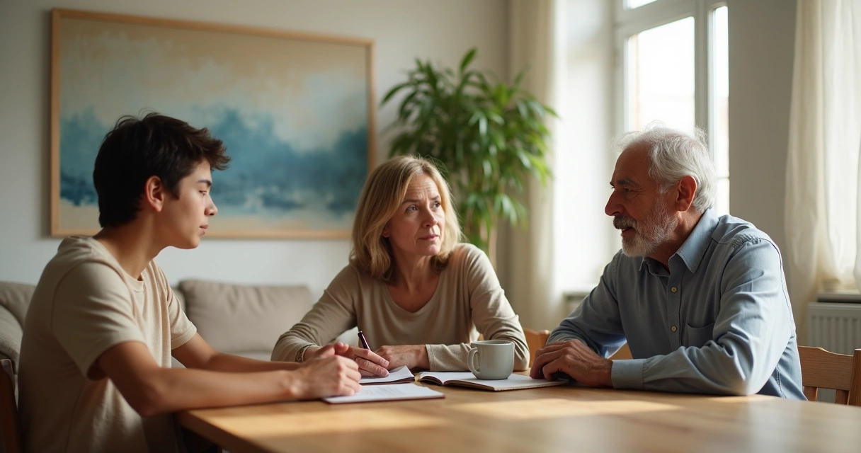 Tres generaciones dialogan en calma alrededor de una mesa en sala luminosa 