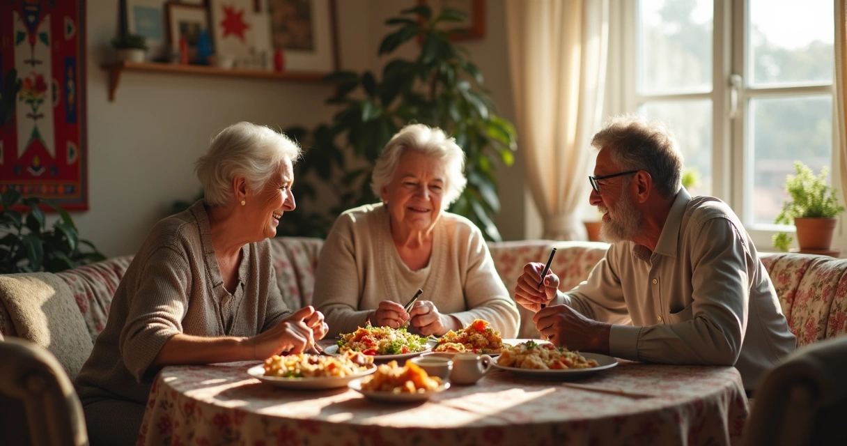 Reunión familiar de varias generaciones alrededor de una mesa en una casa luminosa