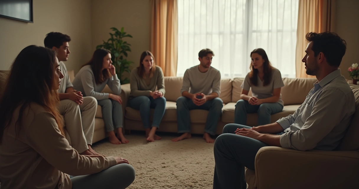 Personas sentadas en círculo evitando la mirada entre ellos