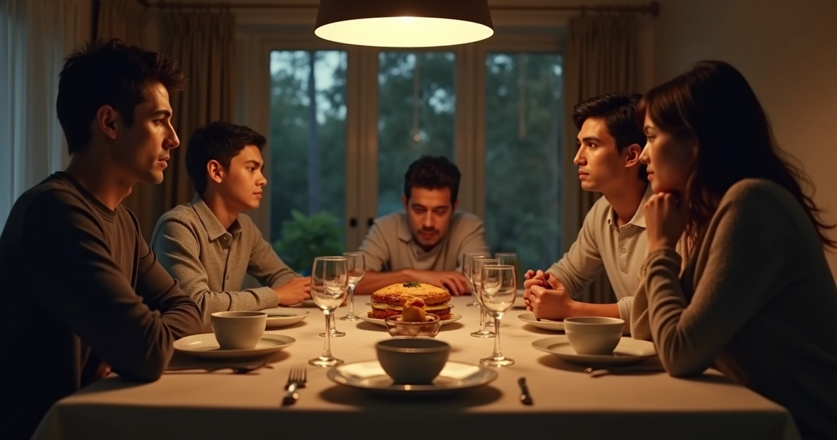 Mesa familiar con tensión silenciosa y gestos de expectativa