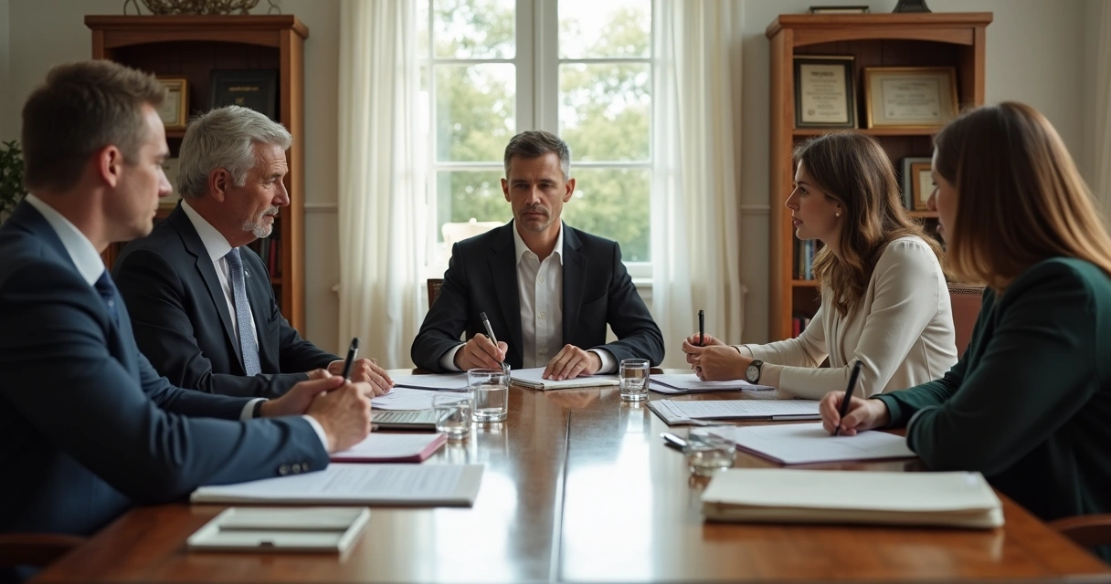 Familia reunida con documentos de sucesión sobre la mesa