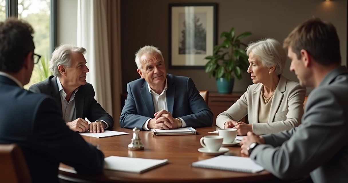 Familia en reunión de trabajo con tensión visible 