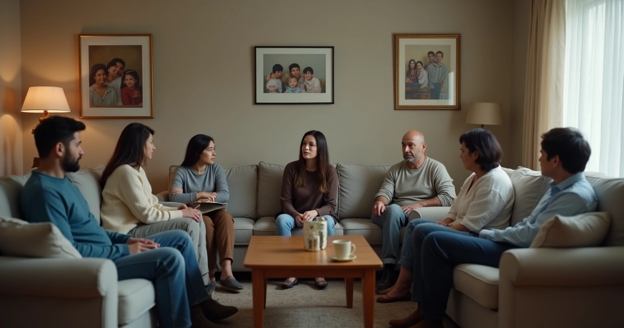 Familia reunida en una sala con gestos tensos y una persona en silencio 