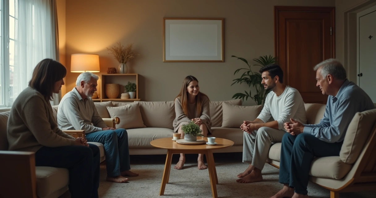 Familia sentada en una sala con tensión visible entre sus miembros