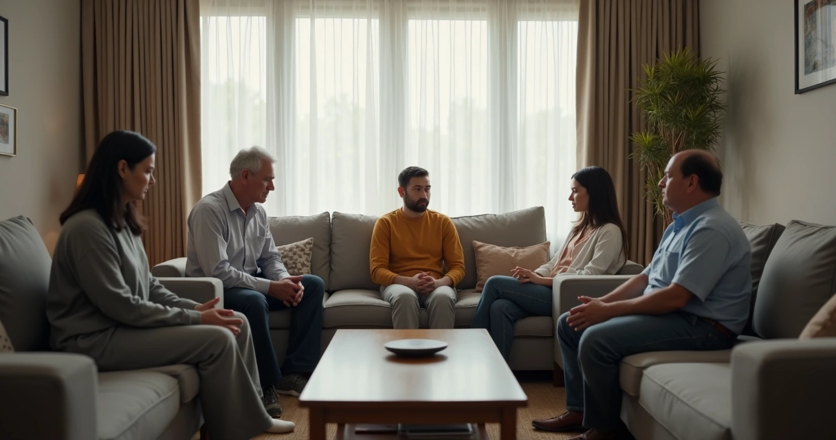 Familia sentada en una sala durante una conversación tensa con distancia emocional