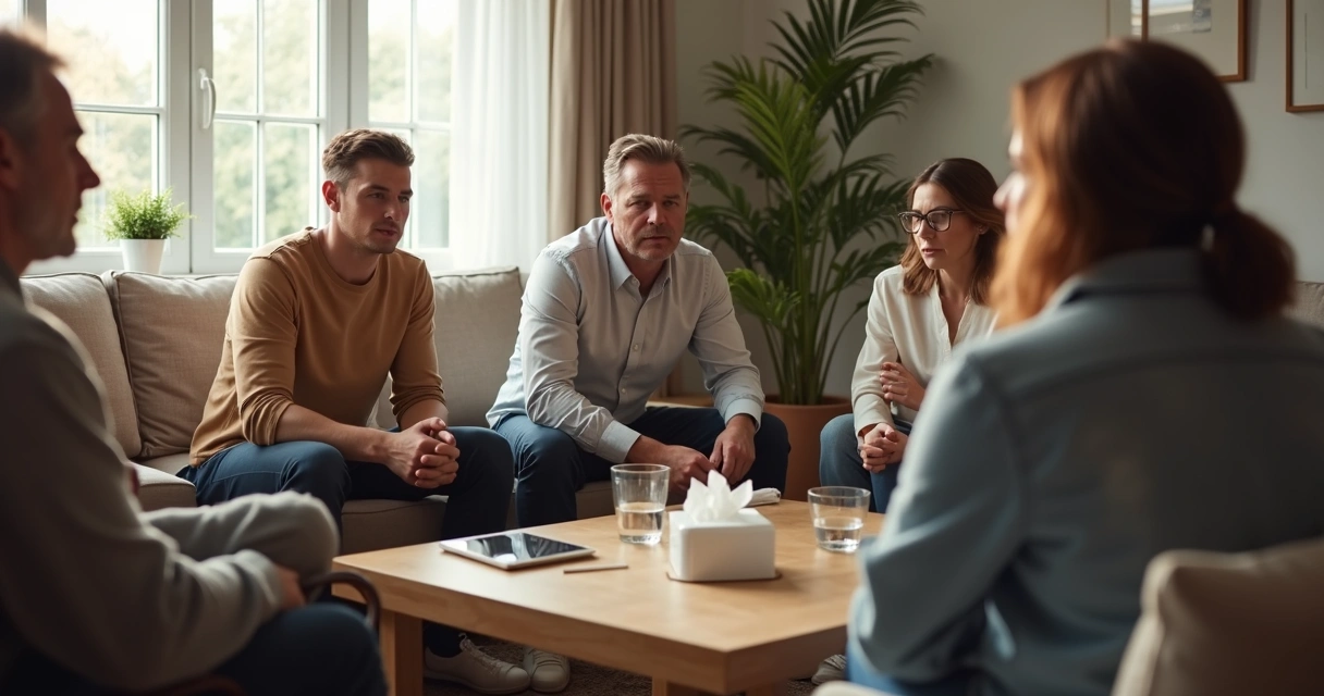 Familia sentada en sala durante una conversación tensa 