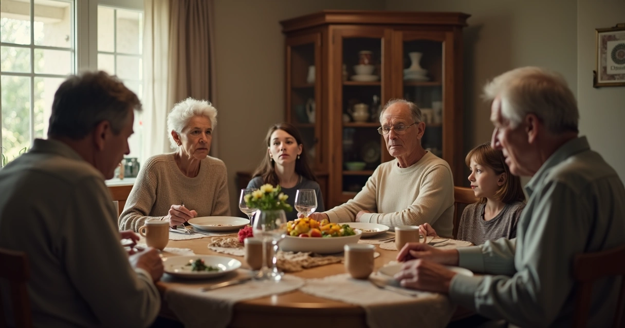 Familia sentada en una mesa con tensión silenciosa 