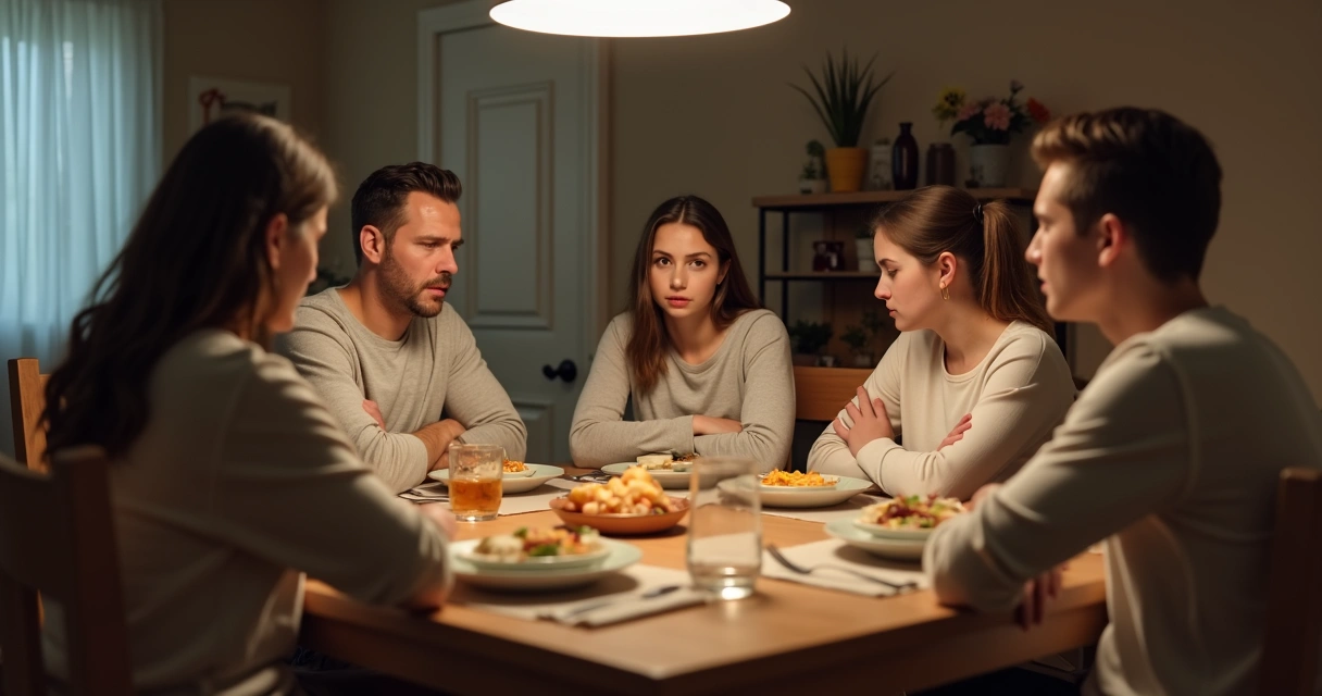 Familia en una mesa con gestos tensos y silencio