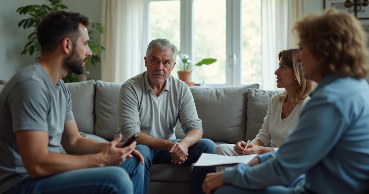 Familia sentada en sala durante una conversación tensa 