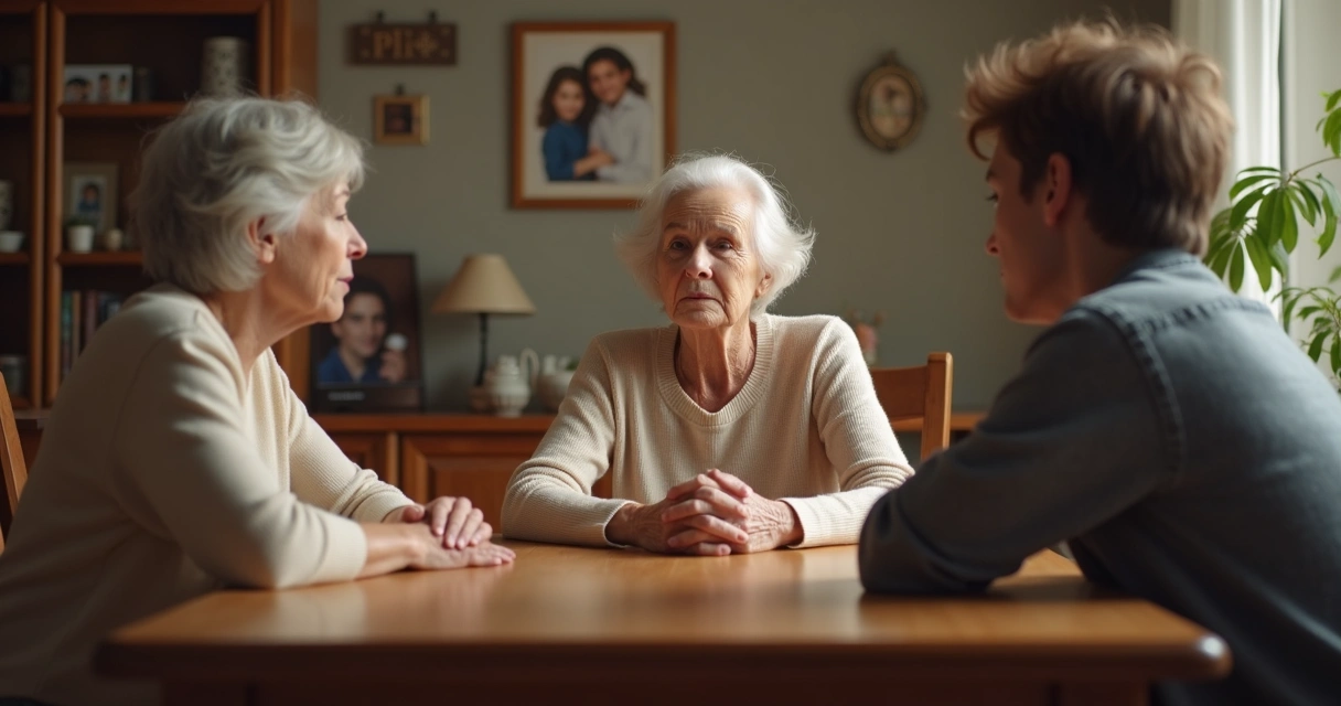 Tres generaciones de una familia sentadas en una mesa mirándose, con expresiones serias y reflexivas 
