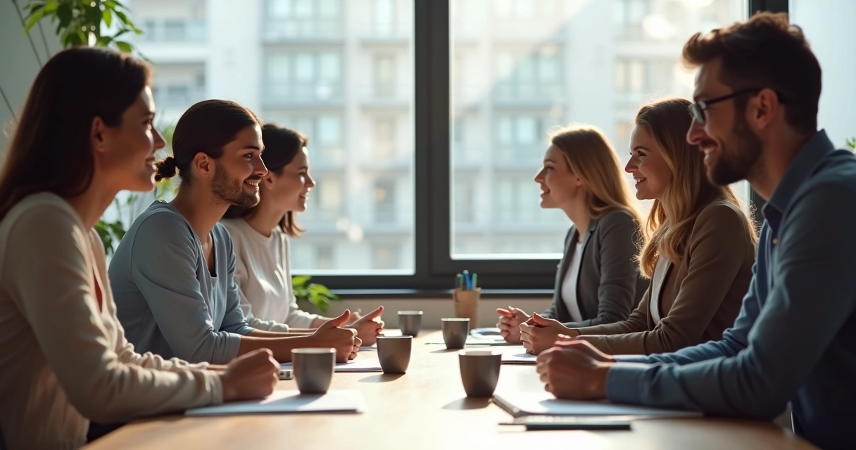 Personas en una reunión dando feedback cara a cara 