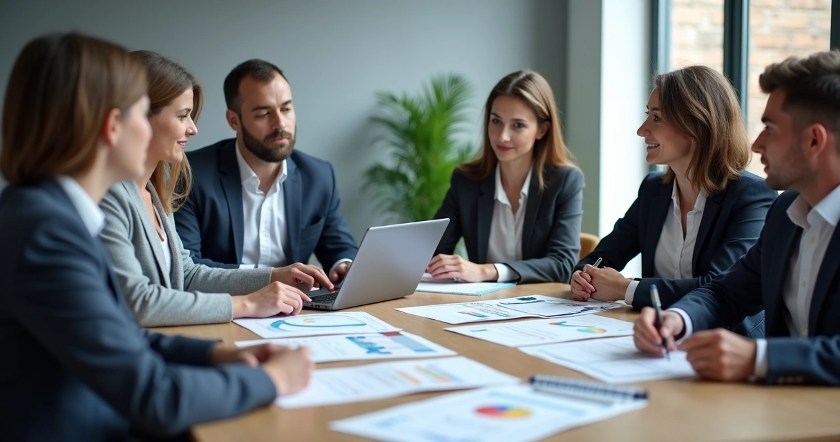 Equipo en reunión revisando comentarios y gráficos de evaluación
