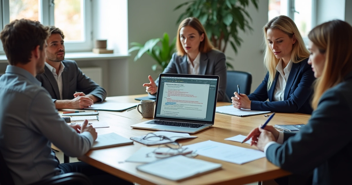 Equipo en reunión revisando comentarios y notas