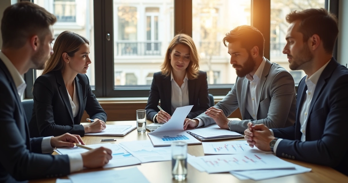 Equipo revisando decisiones financieras en oficina