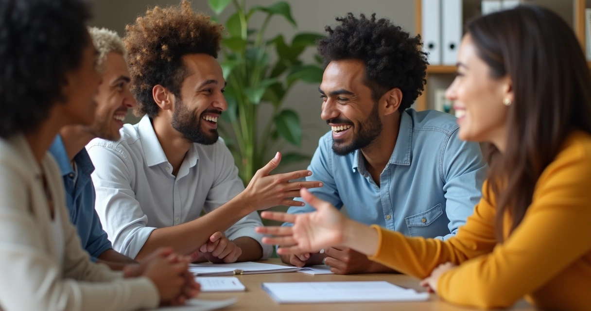 Reunión de personas sentadas interactuando con gestos de apertura y atención
