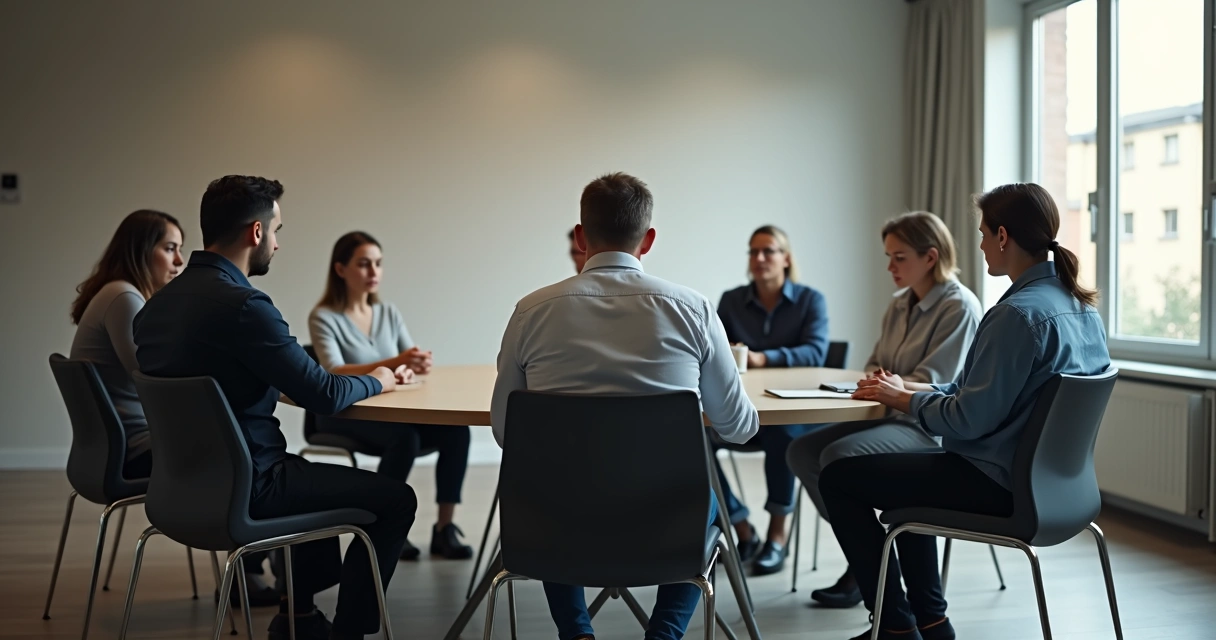 Varios adultos sentados en círculo mostrados en silencio incómodo y evitando la mirada.