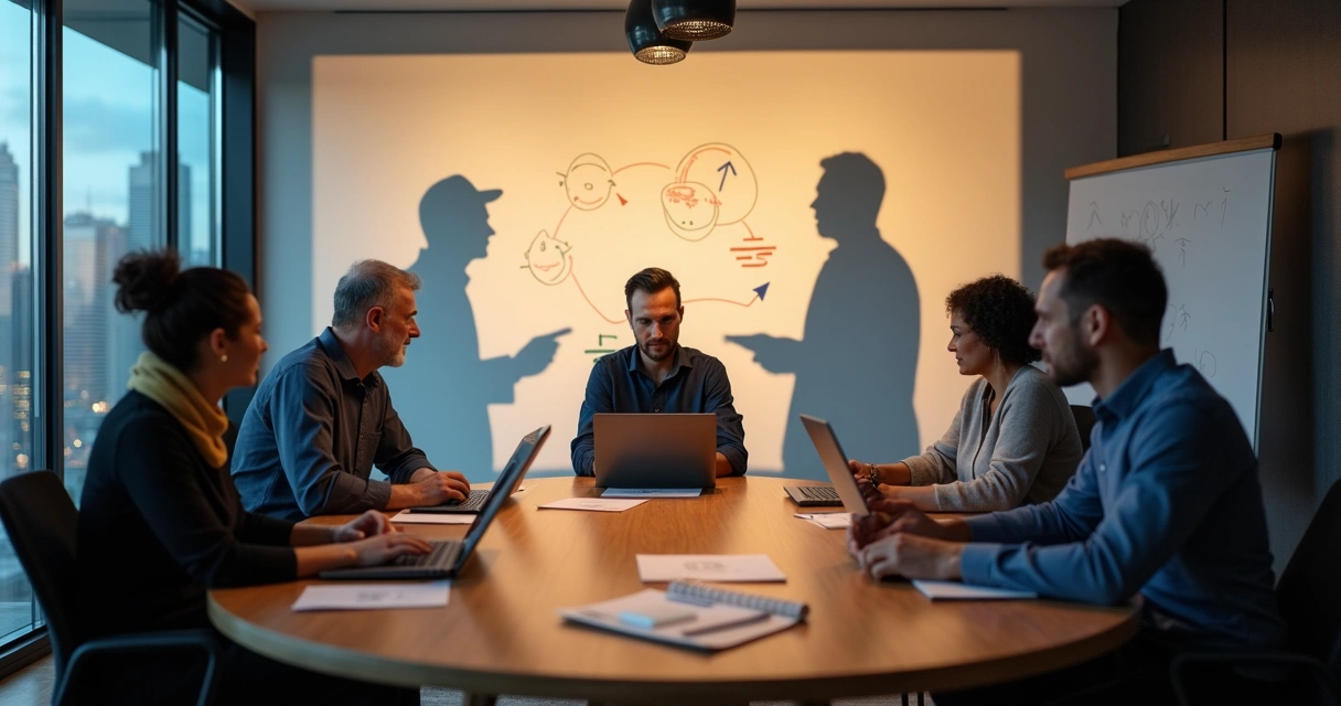 Grupo en reunión alrededor de mesa redonda con sombras desalineadas proyectadas en la pared 
