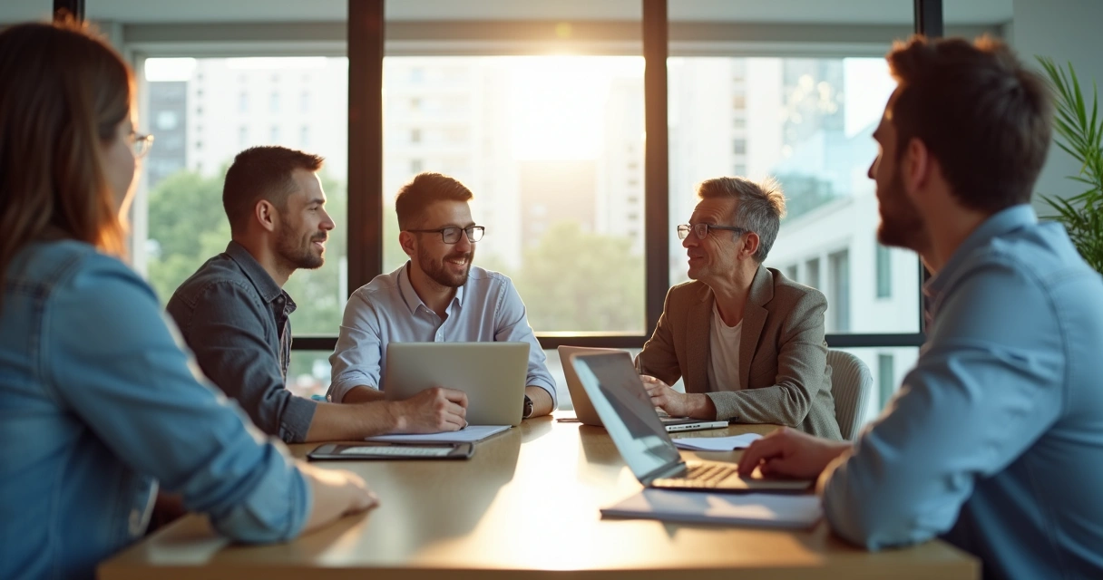 Personas en una mesa de trabajo dialogando y sonriendo
