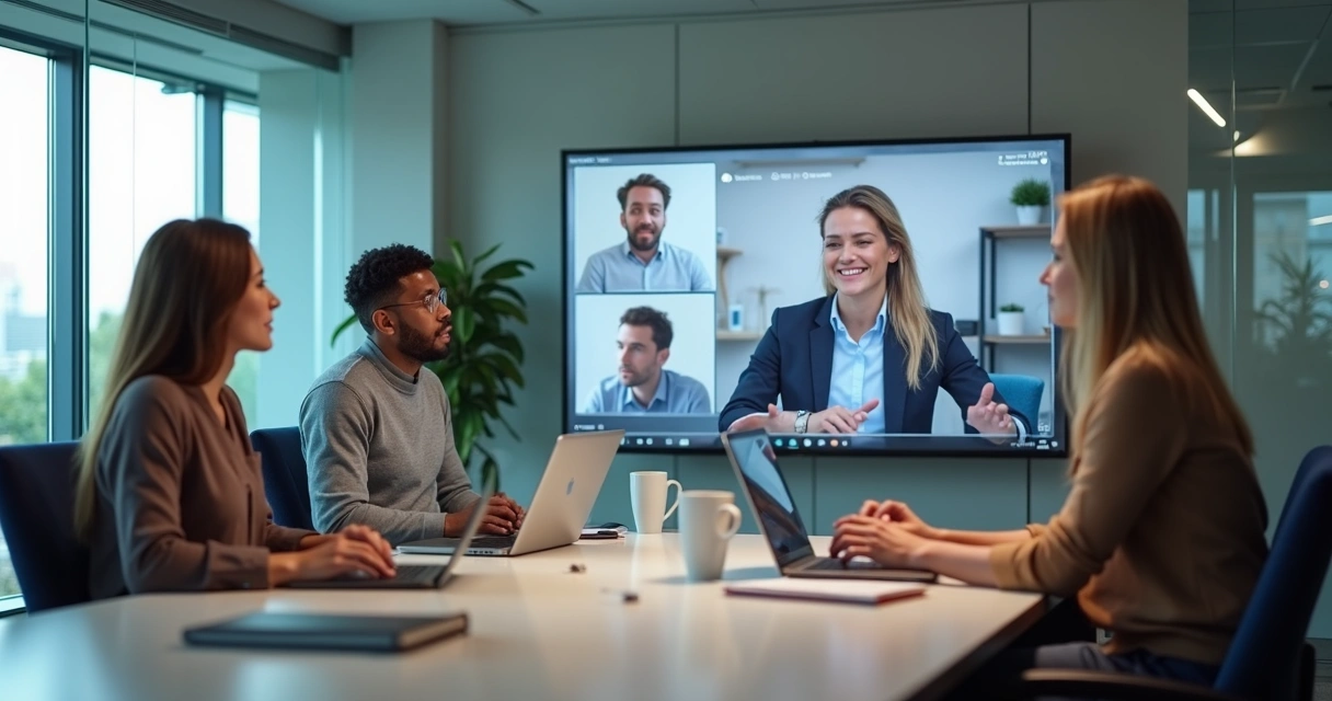Equipo híbrido en reunión con pantalla compartida y conversación abierta