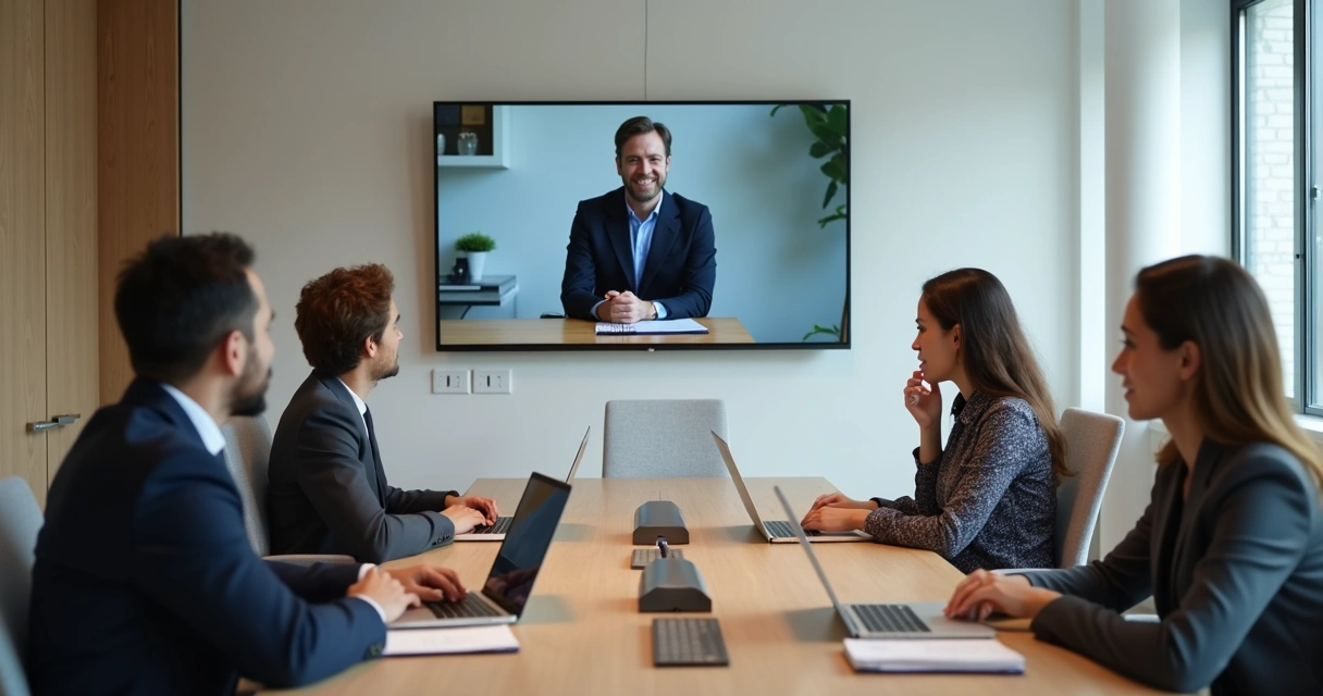 Reunión híbrida con parte del equipo en sala y otra en pantalla 
