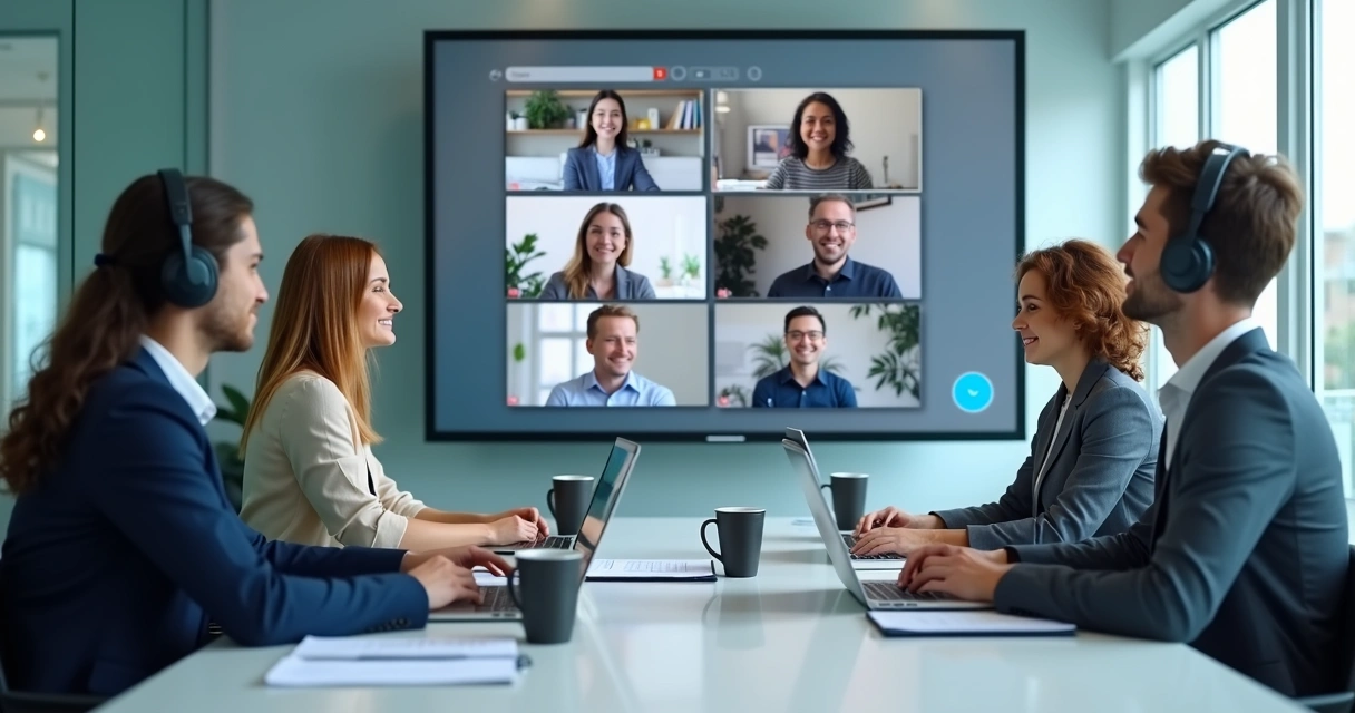 Reunión híbrida con personas en oficina y en videollamada 