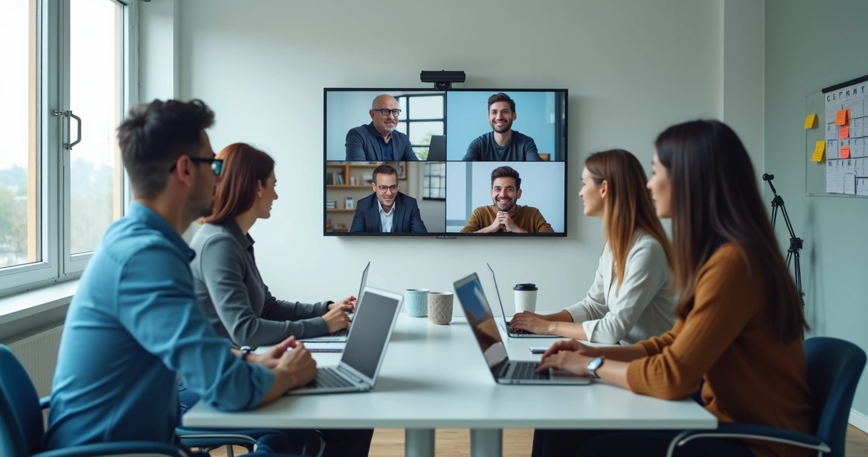 Equipo en reunión híbrida con personas en oficina y en videollamada