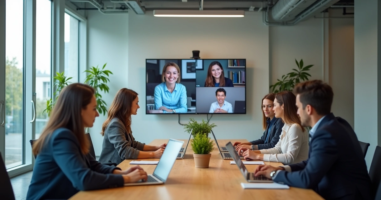 Equipo híbrido en reunión con pantalla compartida y personas en oficina