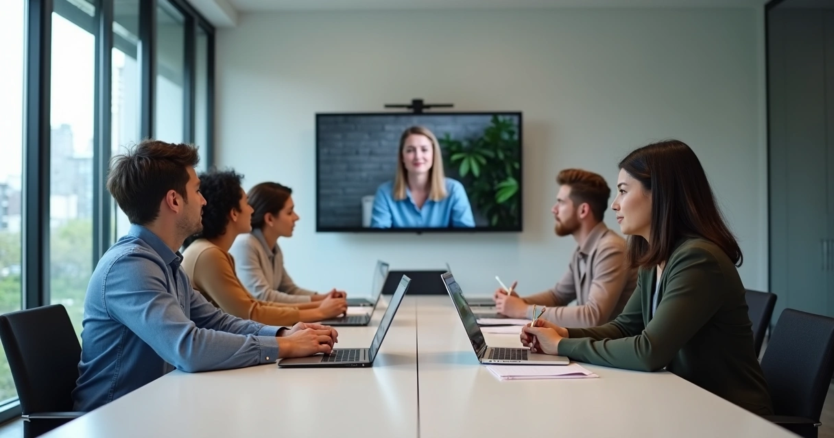 Equipo híbrido en videollamada y reunión presencial 