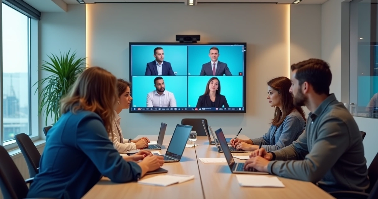 Reunión híbrida con personas en sala y en videollamada 