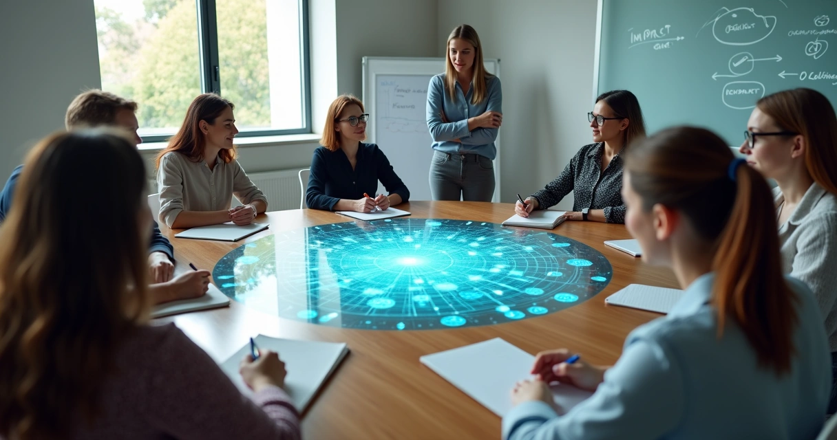 Personas en reunión circular analizando conexiones sistémicas en una mesa redonda 