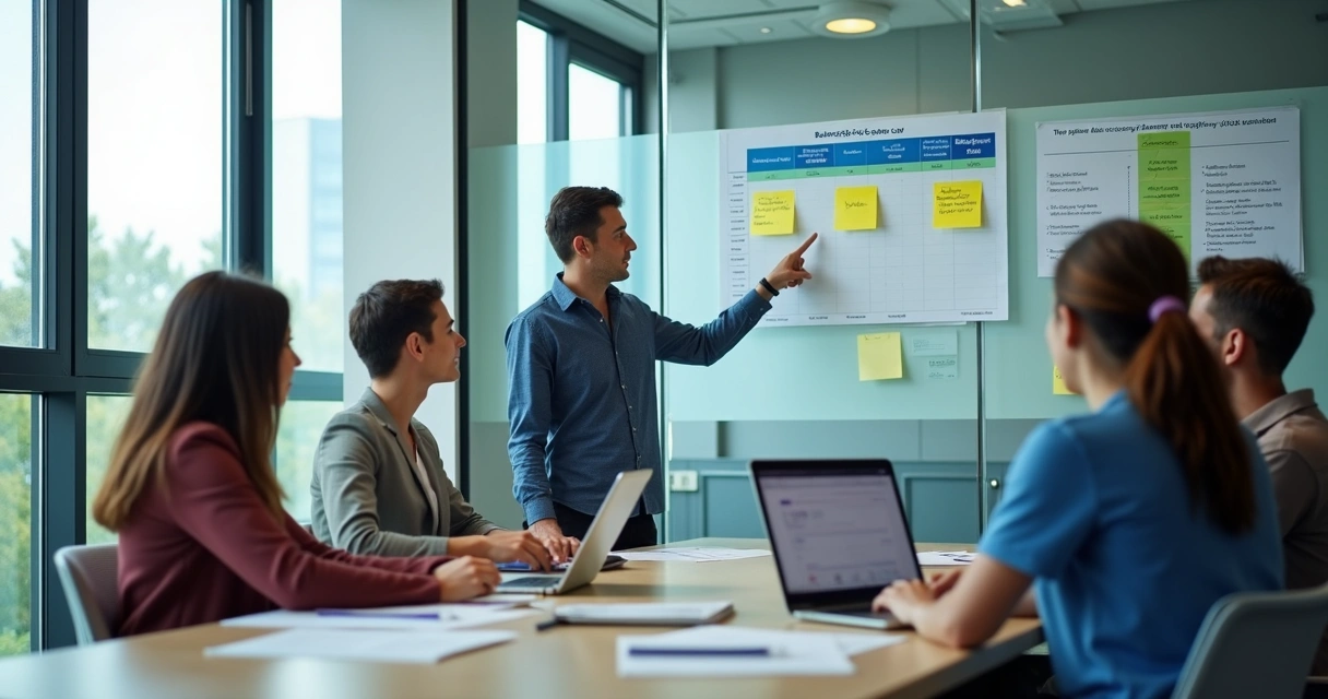 Equipo en reunión revisando metas e incentivos