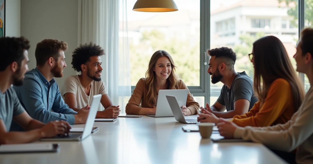 Grupo diverso en reunión integrando a nuevo miembro 