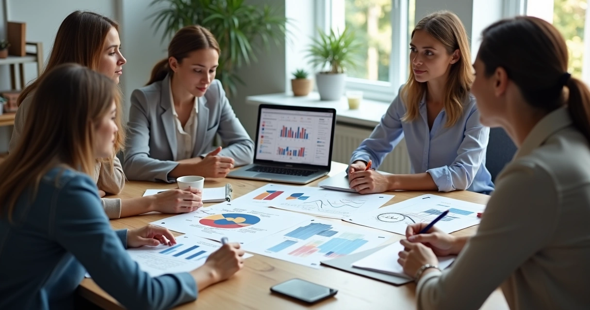 Equipo revisando gráficos de bienestar y empleo 